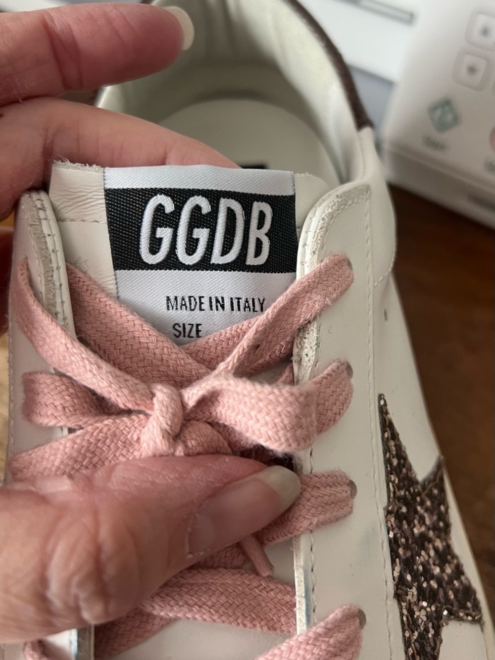 Golden Goose White Leather Sneakers with Pink Laces and Pink Glitter Star Accent - Picture 6 of 13